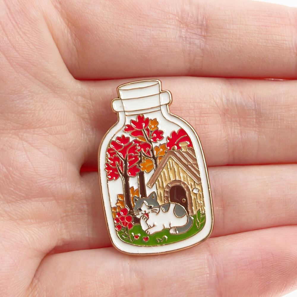 Autumn Cat Cottage Enamel Pin Cozy Fall Jar Nature Kitty Collectible